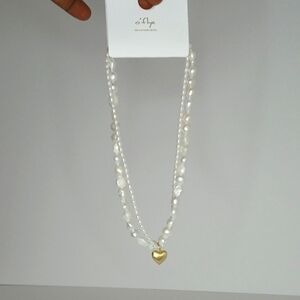White Pearl Necklace Heart Charm Stainless Steel NWT